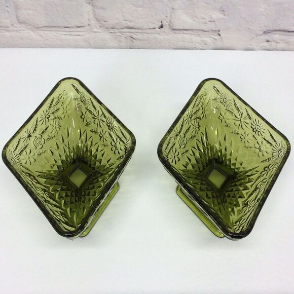 Vintage Indiana Glass Olive Green Diamond Shape Pedestal Candy Dish Bowl Set 2 - Picture 10 of 12